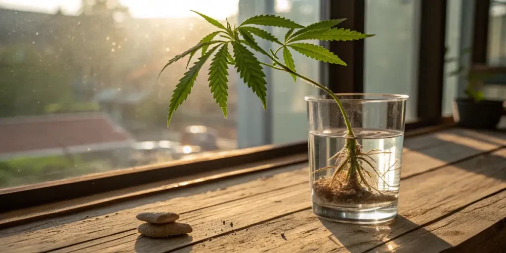 Close-up of cannabis clone roots with fine white hairs and water droplets.