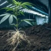 Cannabis clone with exposed roots growing in soil under indoor LED grow lights.