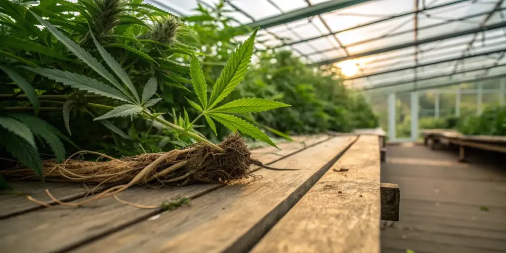 Cannabis clone with exposed roots resting on a wooden table in a greenhouse.