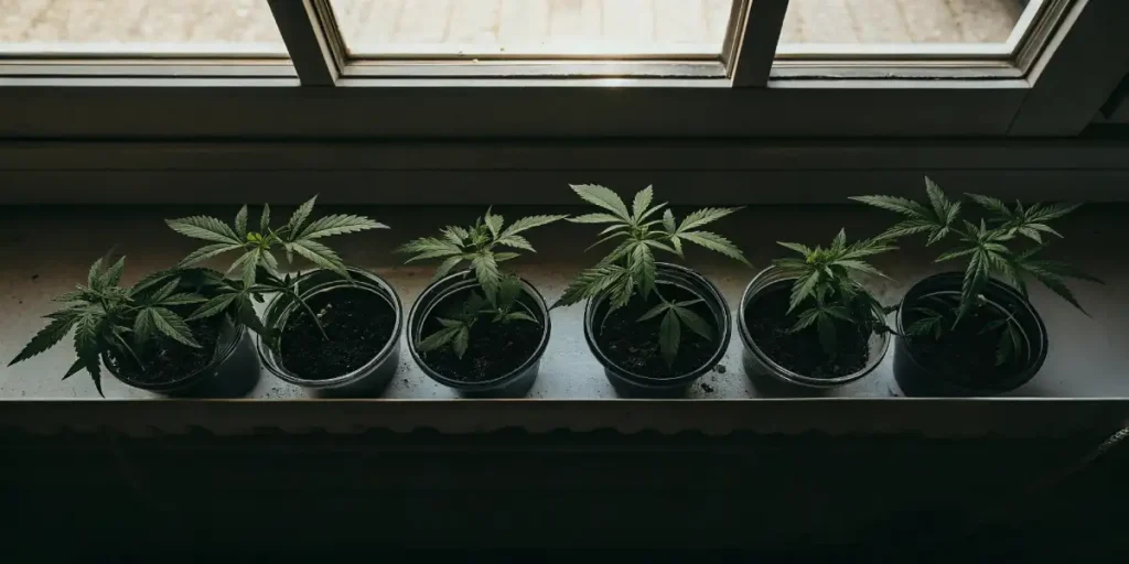 Six cannabis clones growing in small pots lined up on a windowsill with natural light.