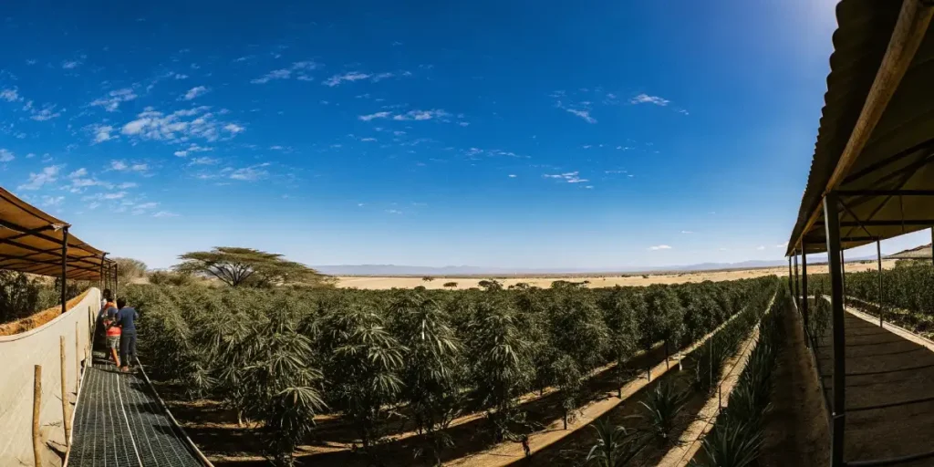 Panoramic view of a cannabis farm with rows of lush plants under a clear blue sky.