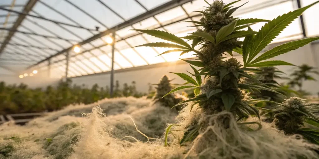 Cannabis plant growing under intense red LED lights for optimized indoor cultivation.