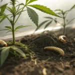 Close-up of cannabis plant roots with white fungal growth and water droplets.