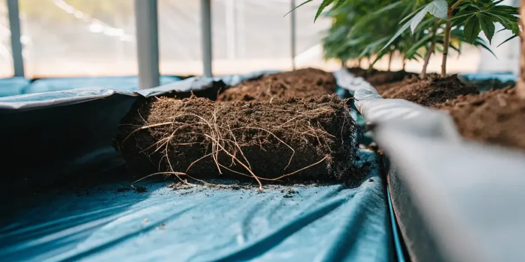 Block of soil with cannabis roots exposed during transplant in greenhouse.