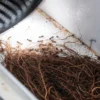 Mass of cannabis roots with small insects scattered in a white growing tray.