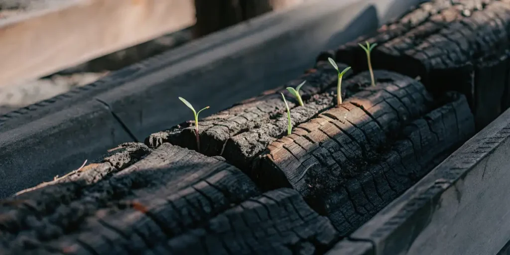 Cannabis seedlings emerging from cracked and charred wooden logs.