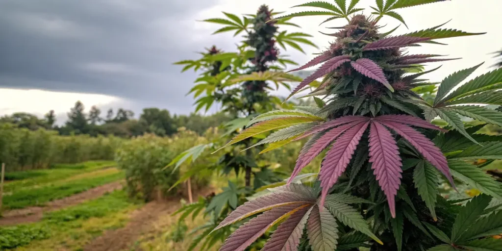 Purple-leaf cannabis plant growing in an open field under cloudy skies
