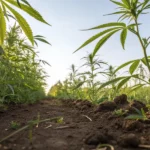 Young cannabis plants growing in organic soil with morning sunlight filtering through the leaves.