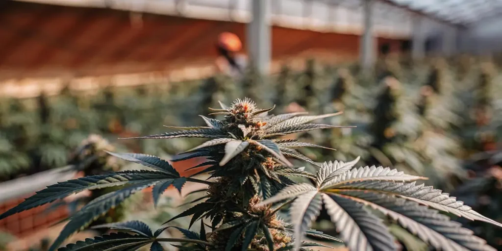 Close-up of a cannabis plant with orange pistils, in a vast indoor cultivation field with blurred workers.