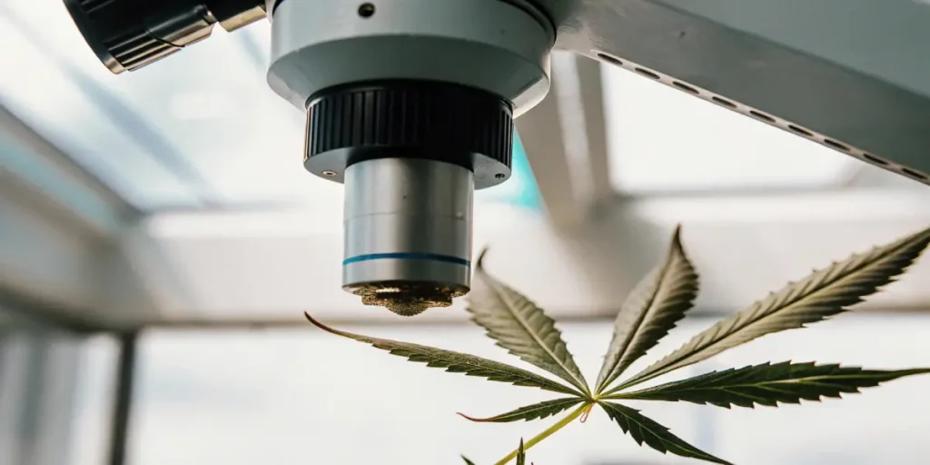 Close-up of a cannabis leaf positioned under a laboratory microscope lens, suggesting scientific examination.