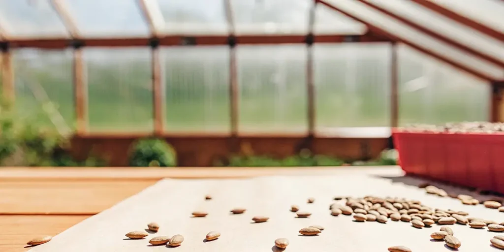 Macro shot of various seeds scattered on a table with a red tray, inside a greenhouse.