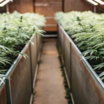 Aerial view of lush indoor cannabis farm with green plants growing in raised beds, forming long aisles.