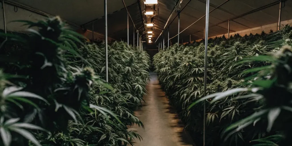 Indoor grow room filled with long rows of mature cannabis plants under artificial lighting.