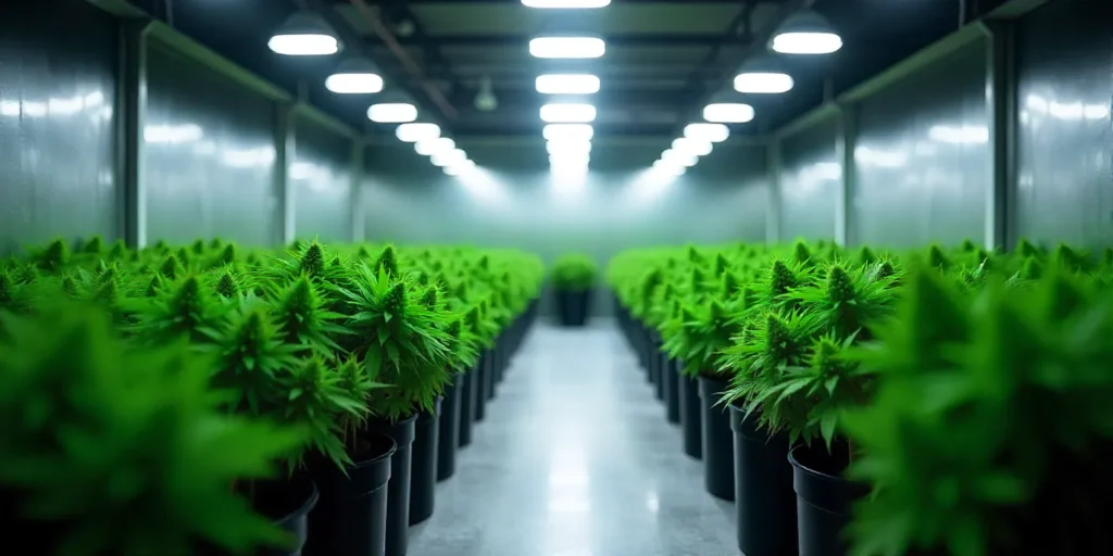 Indoor grow of CBD Super Silver (1:1) under LED lighting plants with uniform light exposure and optimal climate control for balanced cannabinoid output.
