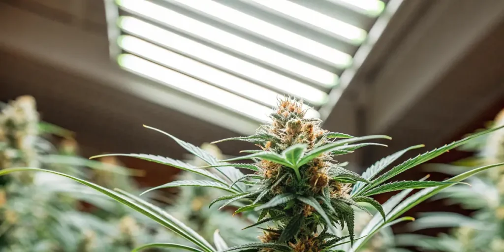 Macro view of a dense cannabis flower under bright laboratory grow lights, with a white background.