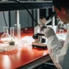Scientist in lab coat and gloves looking into a microscope at plant samples on a red lab bench.