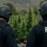 Two ICE police officers in tactical gear during an outdoor operation near a field of cannabis plants.