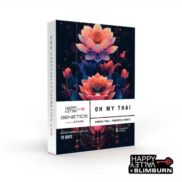 Oh My Thai seed box with vibrant pink and purple lotus flowers on a dark background.