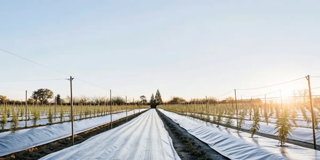 Wide view of an outdoor cannabis farm at dawn, with rows of young plants and protective white ground cover.