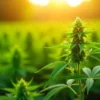 Outdoor grow CBD Zero field with cannabis plant at sunset.
