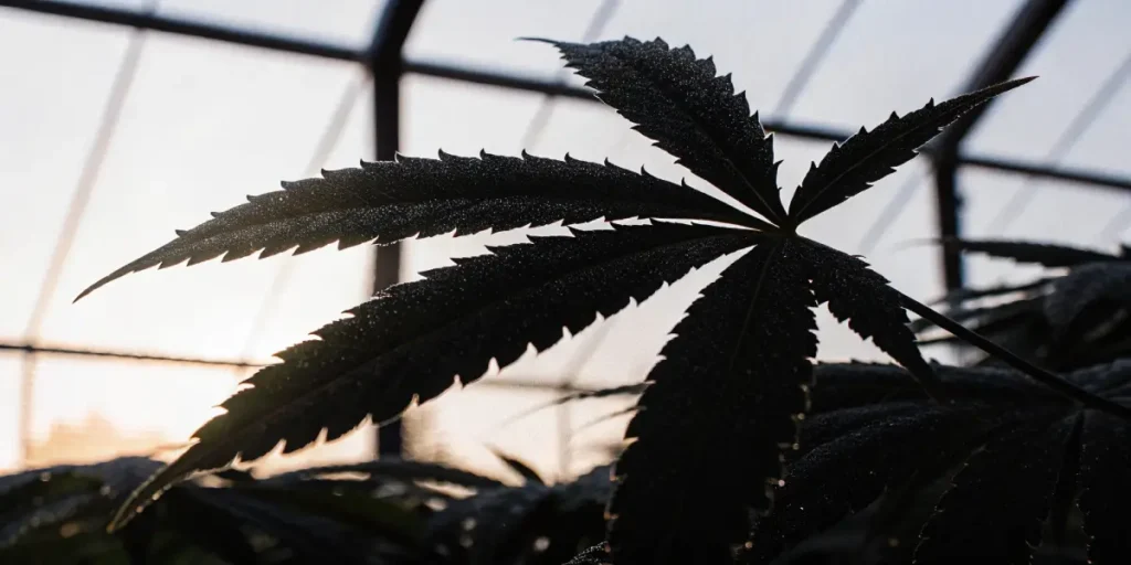 Close-up: dewy cannabis leaf silhouetted against bright greenhouse light at sunrise.