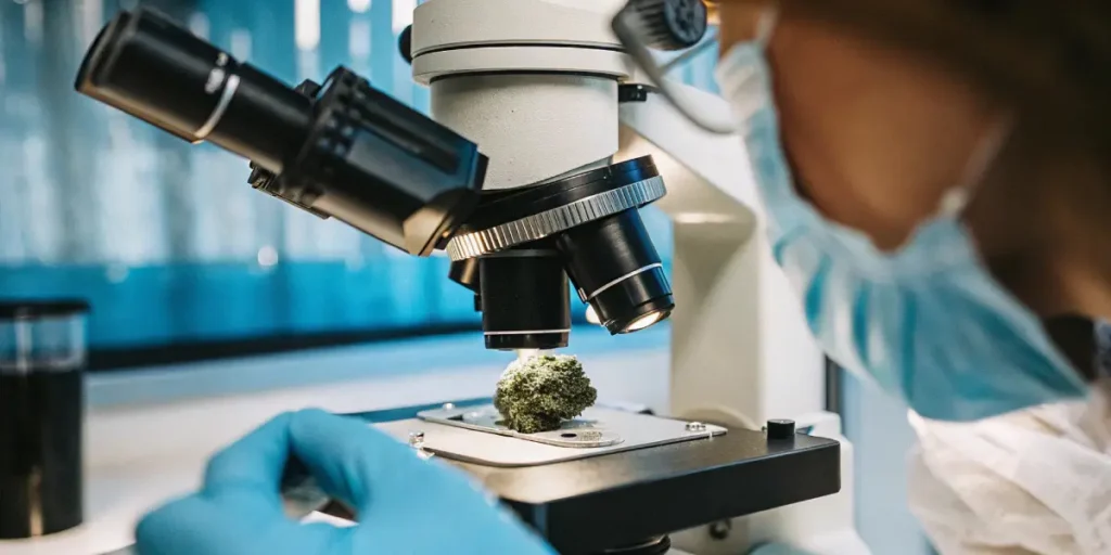 Cannabis bud being inspected under a microscope in a laboratory by a technician.