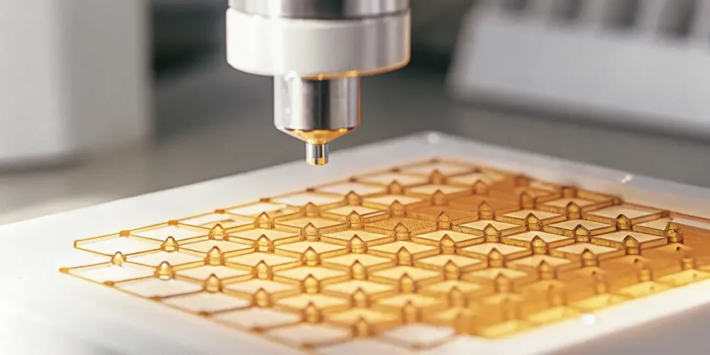 Close-up of automated cannabis compound microdosing equipment with golden matrix.

