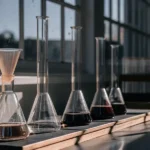 Glassware with cannabis extraction liquids arranged on a lab bench under sunlight.