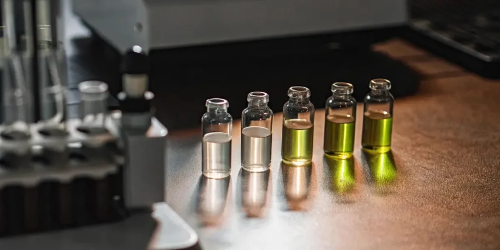 Cannabis extract vials with various concentrations in a lab