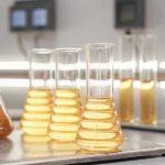 Scientist inspecting tall cannabis plants in a bright modern greenhouse.