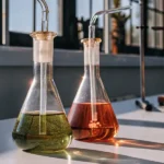 Overhead view of a lab technician holding a small glass flask with cannabis extract in a modern testing lab.