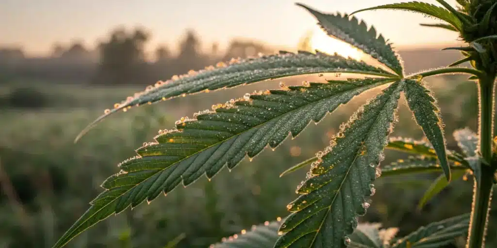 close-up of a cannabis leaf covered in morning dew with soft sunrise in the background