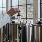 Close-up of a scientist handling cannabis oil in a syringe attached to an industrial extraction tank.
