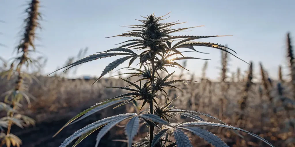 cannabis plant in a sunlit outdoor field during sunset