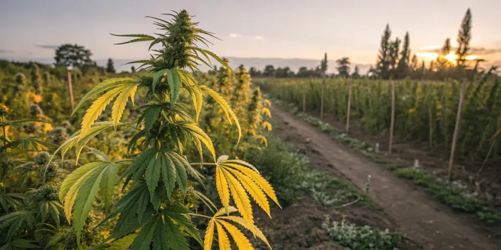 Outdoor cannabis plant with yellowing leaves at sunset.