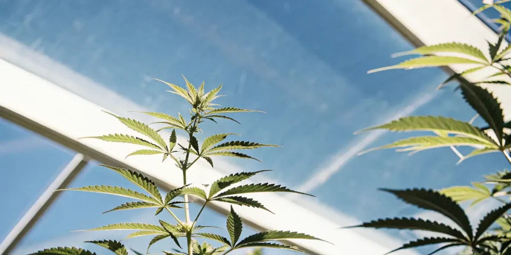Healthy cannabis plants with vibrant green leaves growing outdoors under natural sunlight.