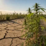cannabis plants struggling in a cracked, drought-affected outdoor field