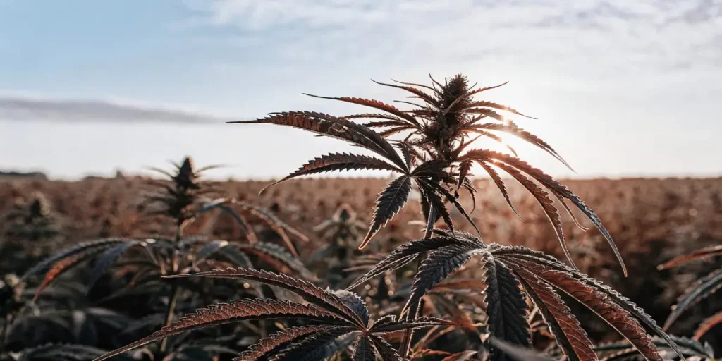 Purple-hued cannabis plant backlit by sunset in a vast outdoor field.