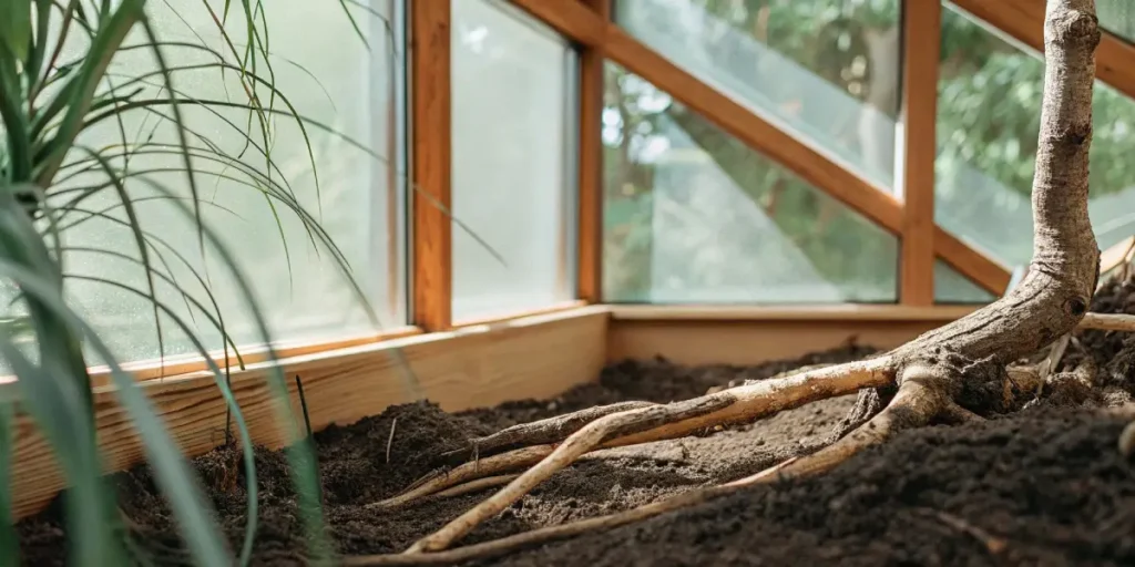 Hyper-realistic close-up of a cannabis root system growing in fresh soil inside a greenhouse.