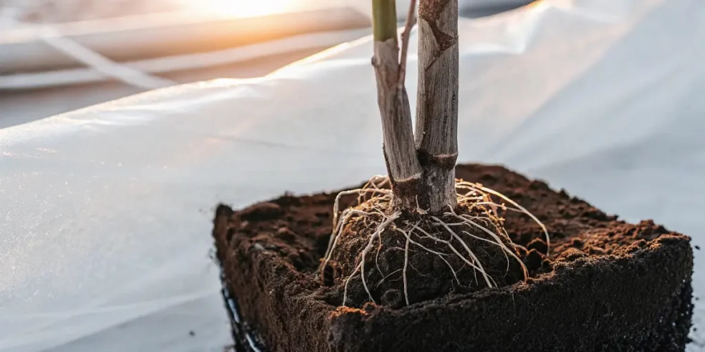 Macro photograph of a healthy cannabis root system exposed in soil inside a greenhouse