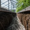 Close-up view of cannabis roots growing in soil blocks inside a modern greenhouse.