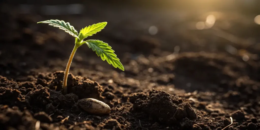 A single cannabis seed sprouting into a young plant in rich soil under warm sunlight.