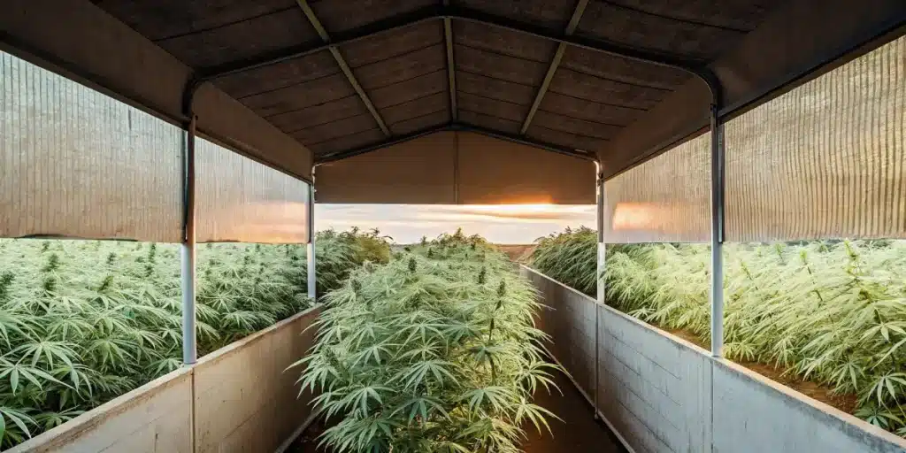 Colorful cannabis plant with red and orange leaves in a grow room