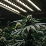 dense cannabis flowers developing under artificial lighting indoors