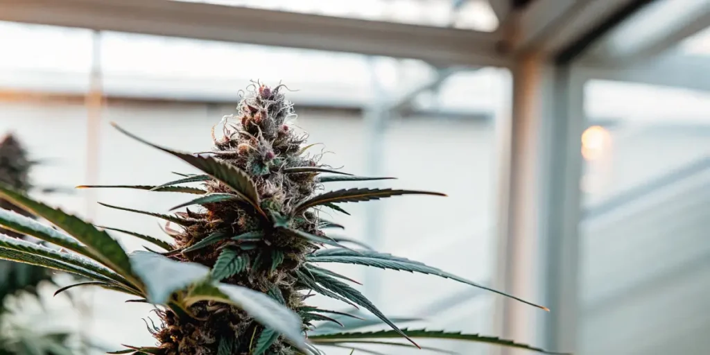 frosty cannabis bud under natural greenhouse light