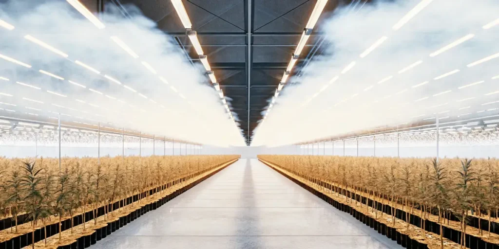 Futuristic indoor cannabis grow facility with automated fog and LED lighting