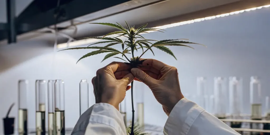 Several cannabis plants growing in fabric containers indoors, illuminated by bright artificial grow lights, showing healthy foliage and flowering buds.