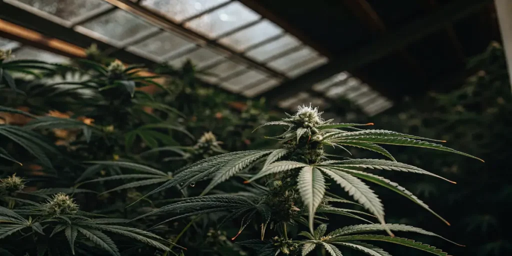 cannabis plant flourishing under a greenhouse glass roof with soft natural lighting