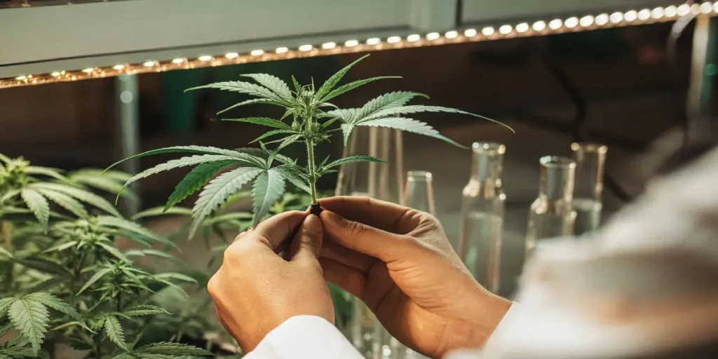 Close-up of a healthy cannabis plant thriving in a controlled indoor grow room with optimal lighting and environment.