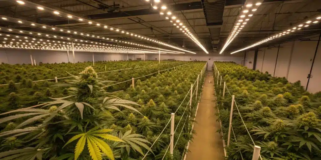wide-angle view of a large-scale indoor cannabis cultivation facility with flowering plants
